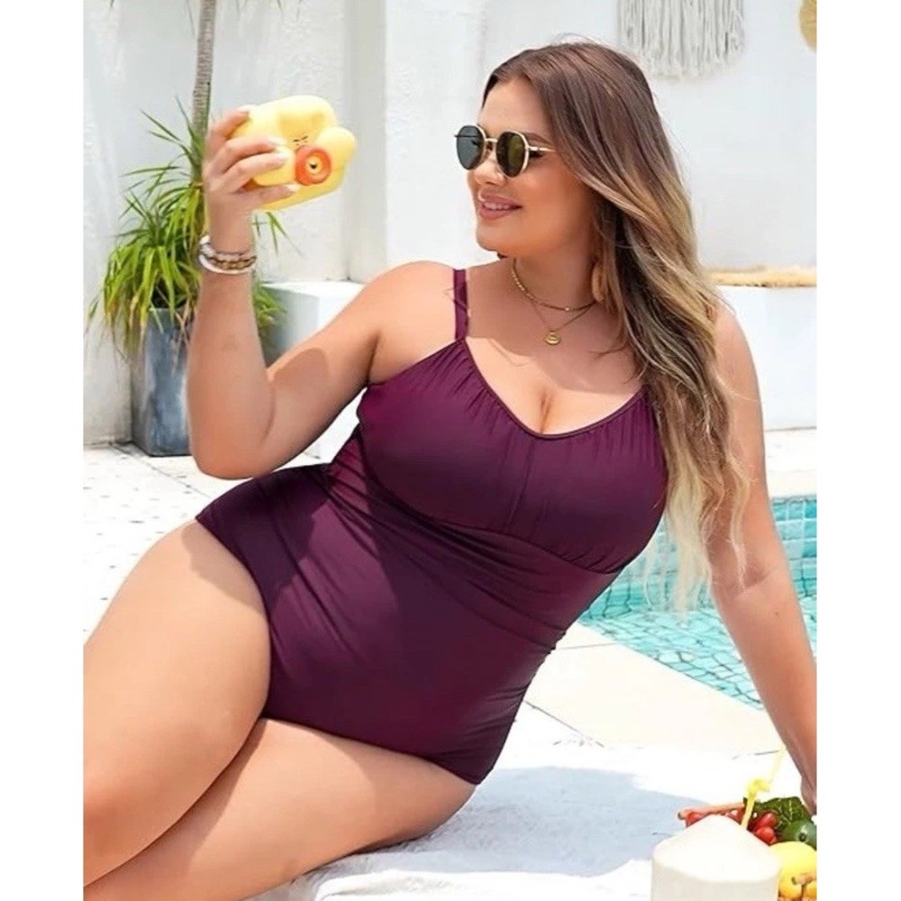 Aqua Eve Swimsuit Women's Tummy Control One Piece Bathing Suit NWT 18W Burgandy